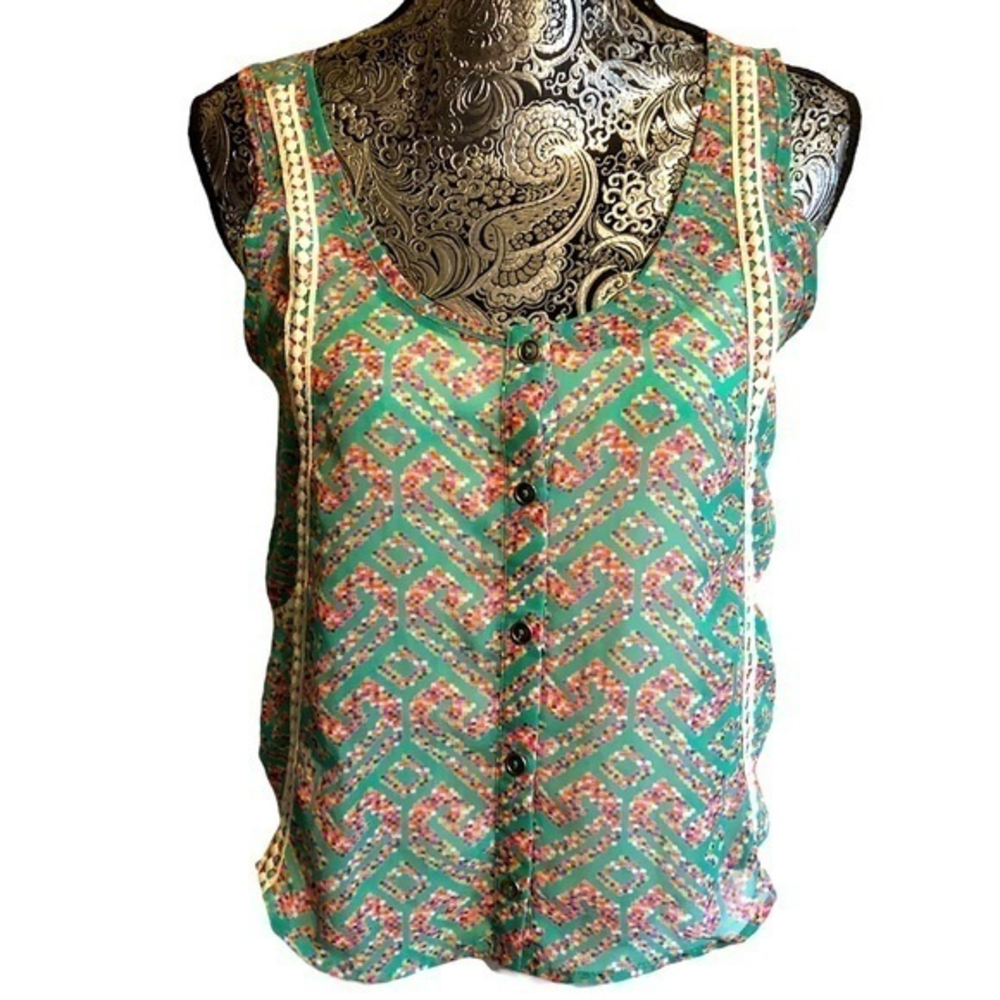 Semi sheer‎ confetti button up sleeveless blouse